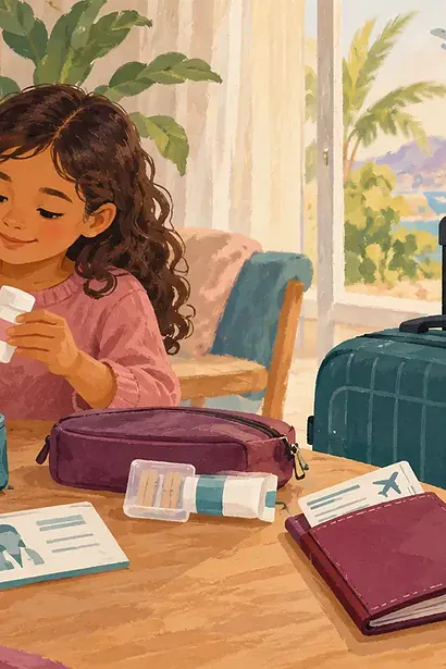 A parent and child prepare labelled medicine containers, documents and an insulated travel pouch