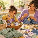 A caregiver repairs jeans while two children choose patches and fold reusable clothes