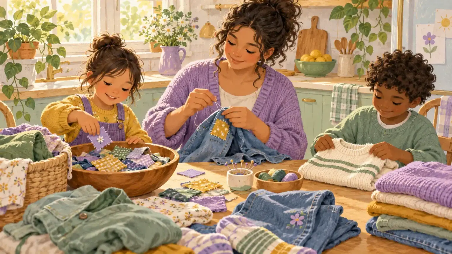 A caregiver repairs jeans while two children choose patches and fold reusable clothes