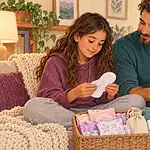 Father and preteen calmly looking at period supplies and a body health book