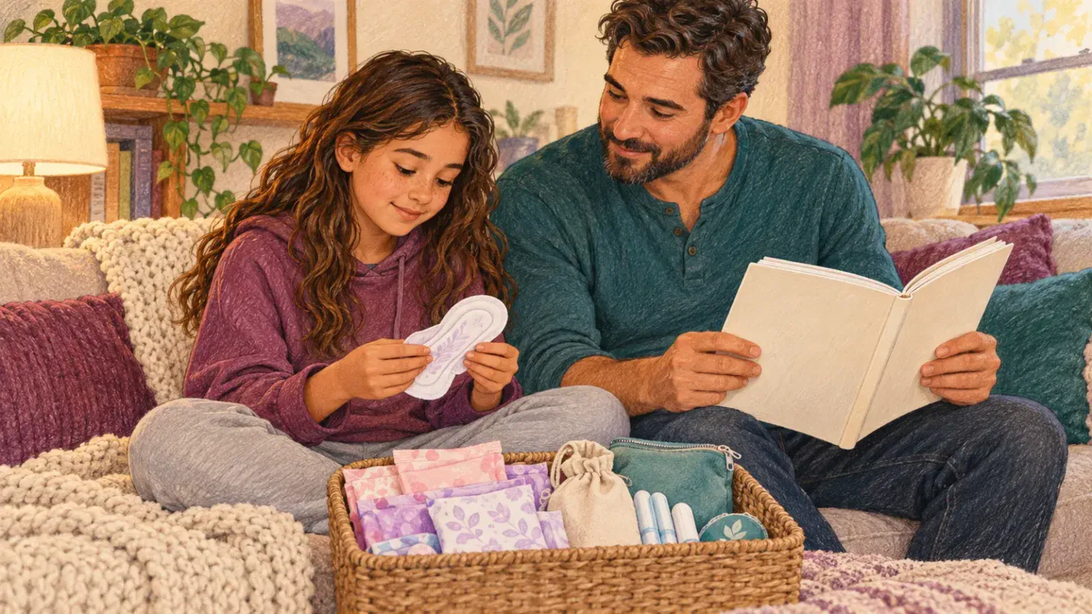 Father and preteen calmly looking at period supplies and a body health book