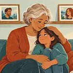 Child and parent looking through a family photo album with a grandparent who has dementia