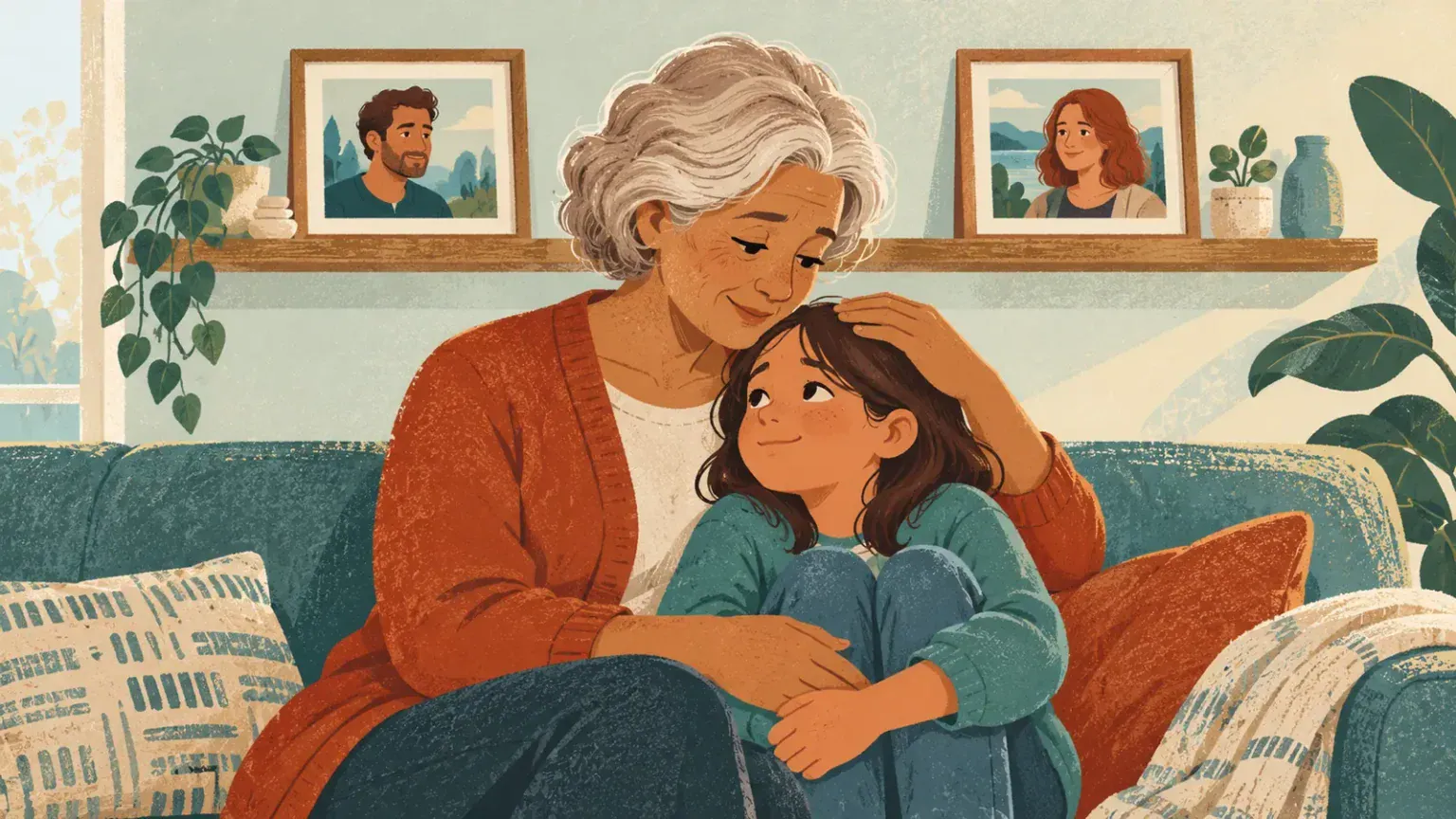 Child and parent looking through a family photo album with a grandparent who has dementia