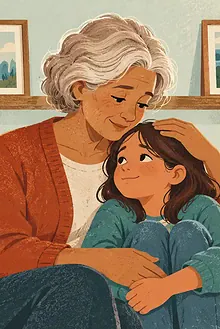 Child and parent looking through a family photo album with a grandparent who has dementia