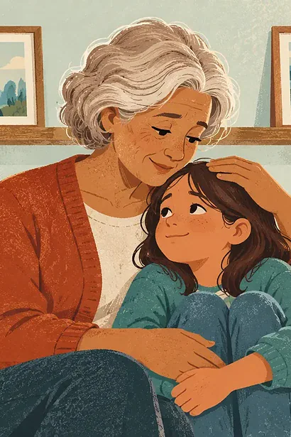 Child and parent looking through a family photo album with a grandparent who has dementia