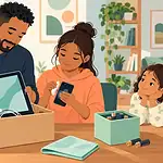 A parent and older child clean old devices while batteries are kept in a separate container