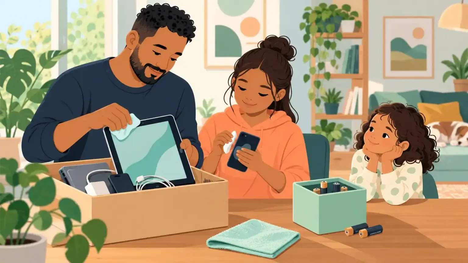 A parent and older child clean old devices while batteries are kept in a separate container