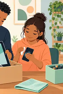 A parent and older child clean old devices while batteries are kept in a separate container
