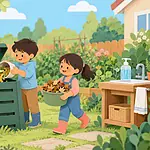 An adult opens a lidded compost bin while children add vegetable scraps and dry leaves