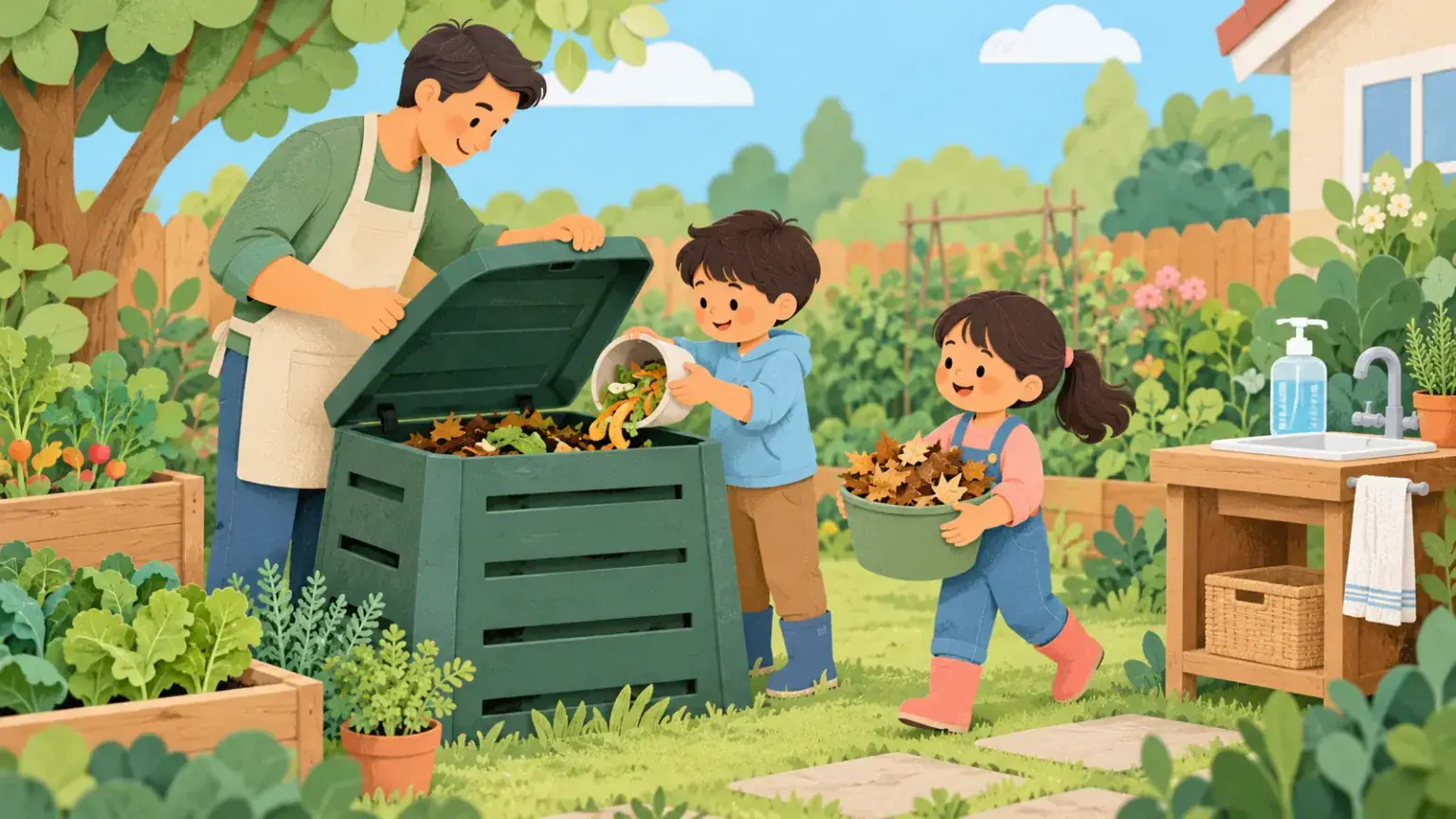 An adult opens a lidded compost bin while children add vegetable scraps and dry leaves