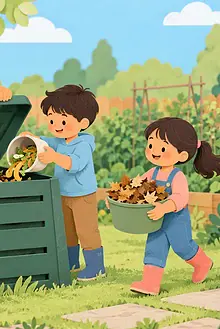 An adult opens a lidded compost bin while children add vegetable scraps and dry leaves