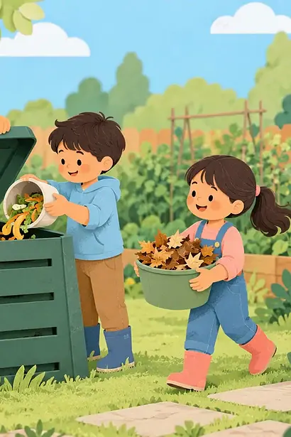 An adult opens a lidded compost bin while children add vegetable scraps and dry leaves