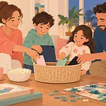 Family placing phones and a tablet in a basket before beginning a shared puzzle