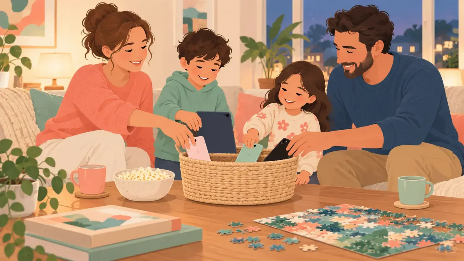 Family placing phones and a tablet in a basket before beginning a shared puzzle