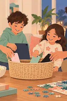 Family placing phones and a tablet in a basket before beginning a shared puzzle