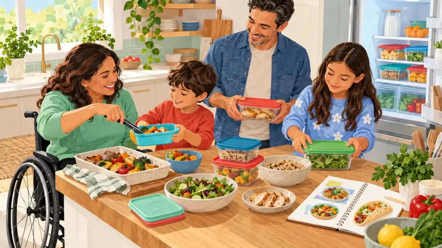 Family packing safe leftovers into colourful reusable containers in a bright kitchen
