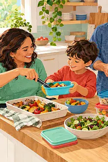 Family packing safe leftovers into colourful reusable containers in a bright kitchen