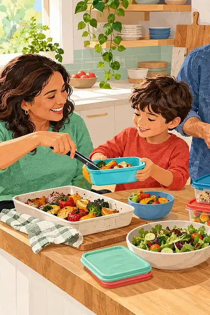 Family packing safe leftovers into colourful reusable containers in a bright kitchen