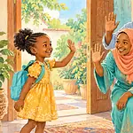 Child warmly waving to relatives at a family gathering while adults wave back