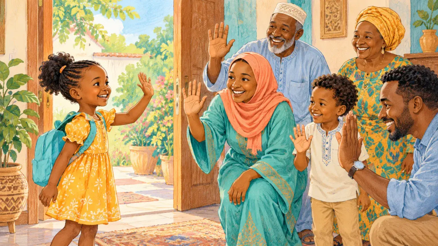 Child warmly waving to relatives at a family gathering while adults wave back