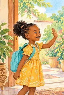 Child warmly waving to relatives at a family gathering while adults wave back