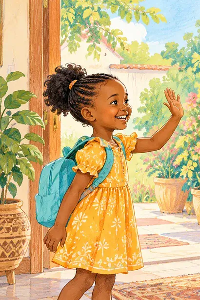 Child warmly waving to relatives at a family gathering while adults wave back