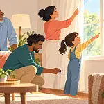 A family uses daylight and checks a plug together during a calm home energy review