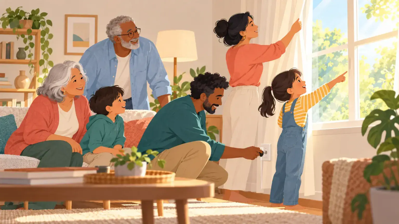 A family uses daylight and checks a plug together during a calm home energy review