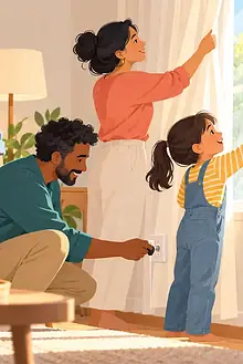 A family uses daylight and checks a plug together during a calm home energy review