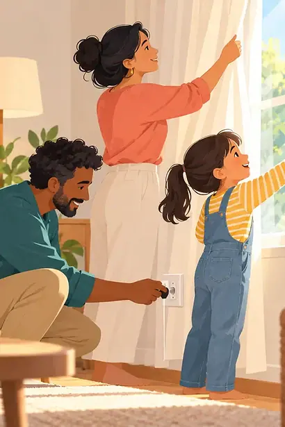 A family uses daylight and checks a plug together during a calm home energy review