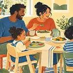 Multigenerational family sharing a relaxed meal with inclusive seating and different food choices