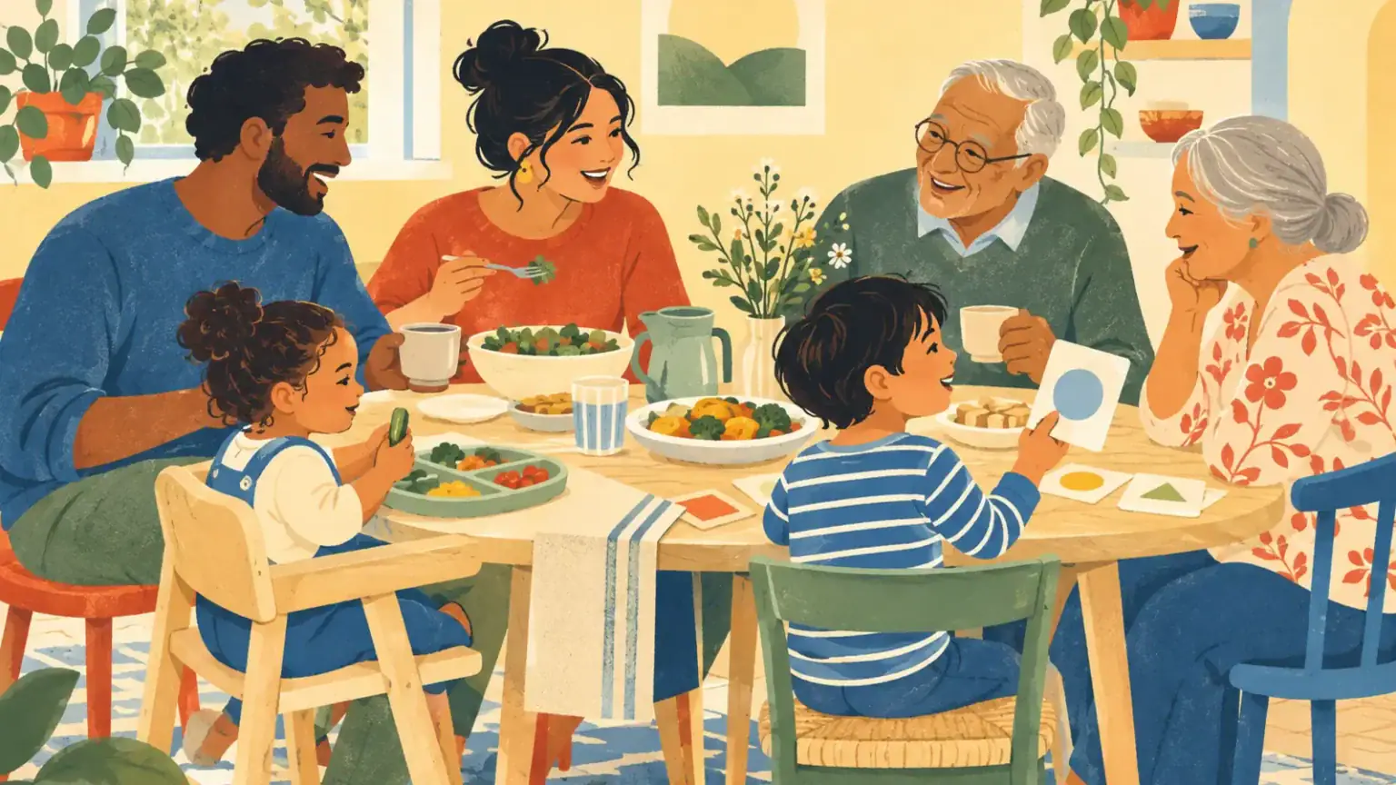 Multigenerational family sharing a relaxed meal with inclusive seating and different food choices