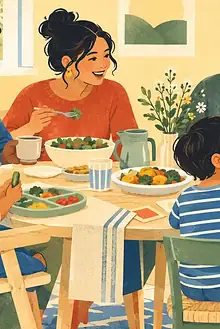 Multigenerational family sharing a relaxed meal with inclusive seating and different food choices