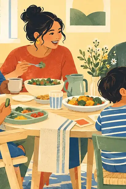 Multigenerational family sharing a relaxed meal with inclusive seating and different food choices