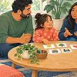 Inclusive family meeting with a teen speaking, a young child using picture cards and another child using AAC