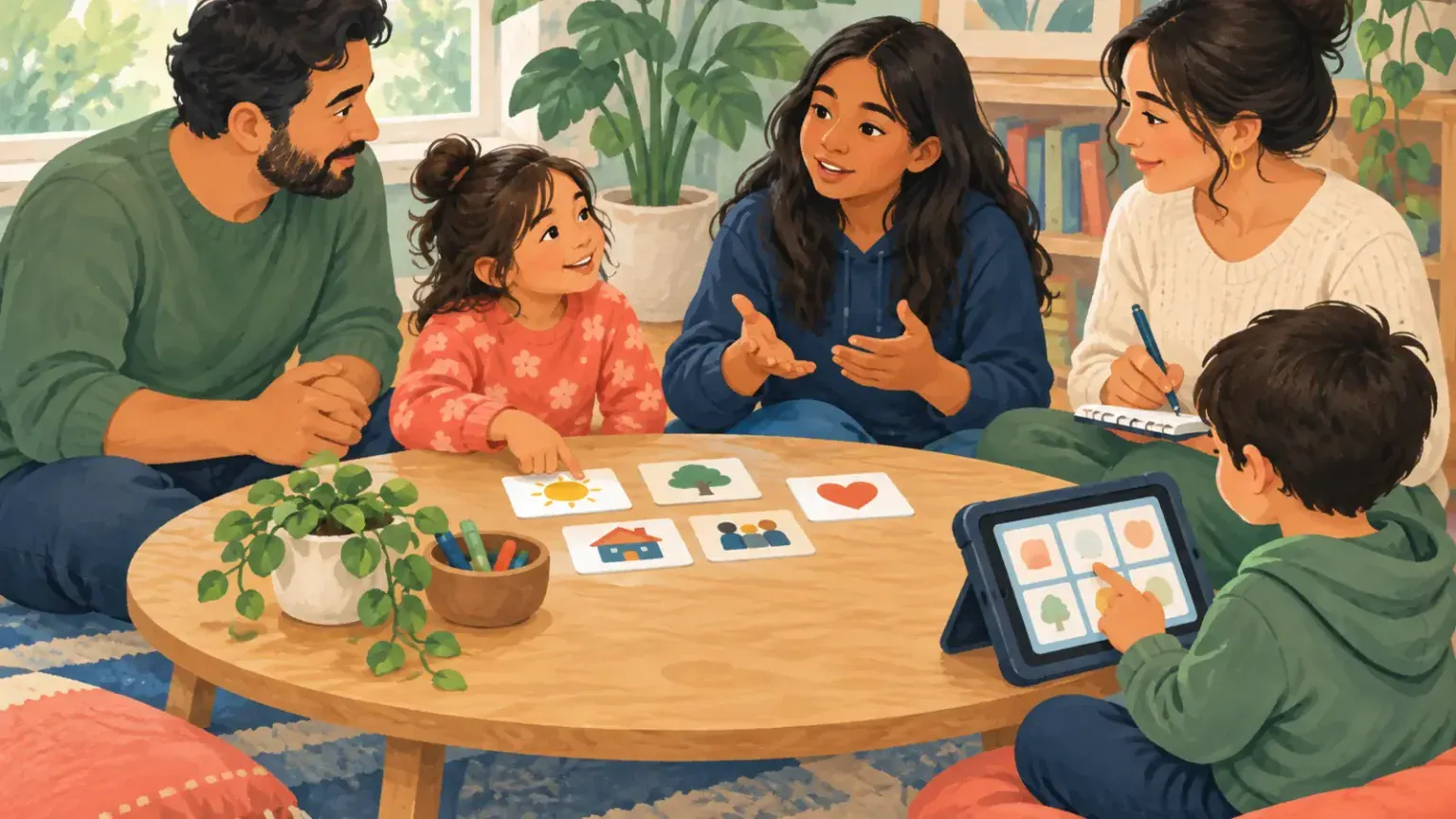 Inclusive family meeting with a teen speaking, a young child using picture cards and another child using AAC