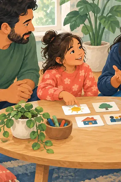 Inclusive family meeting with a teen speaking, a young child using picture cards and another child using AAC