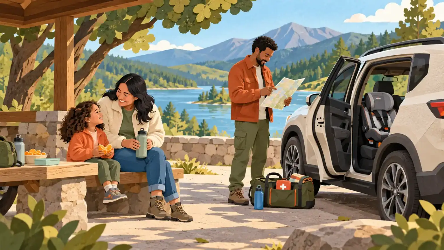 A family takes a supervised break beside a parked car with a child seat and emergency kit visible