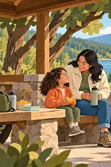 A family takes a supervised break beside a parked car with a child seat and emergency kit visible