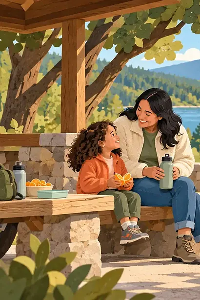 A family takes a supervised break beside a parked car with a child seat and emergency kit visible