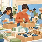 Family and community members assembling practical care parcels together in a bright hall