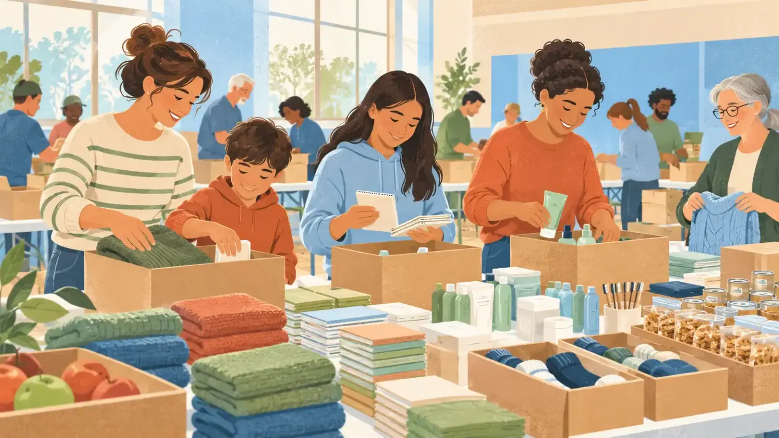 Family and community members assembling practical care parcels together in a bright hall