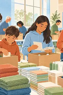 Family and community members assembling practical care parcels together in a bright hall