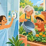 Family checking a dripping tap, timing a shower and reusing leftover water for plants