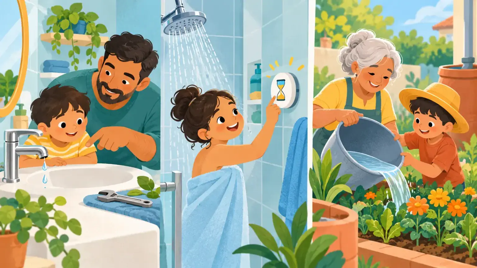 Family checking a dripping tap, timing a shower and reusing leftover water for plants