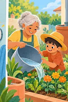 Family checking a dripping tap, timing a shower and reusing leftover water for plants