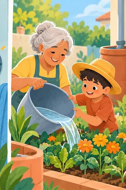 Family checking a dripping tap, timing a shower and reusing leftover water for plants