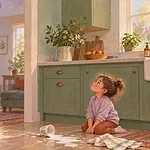Father taking a calming breath before responding to a child after a spilled cup