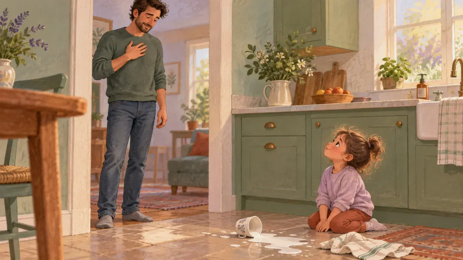 Father taking a calming breath before responding to a child after a spilled cup