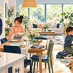 Father cooking while children and another parent share table setting and laundry tasks